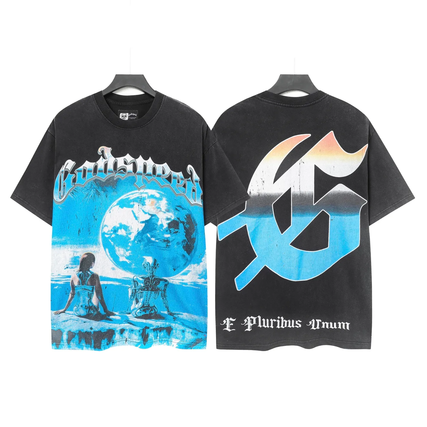 6015#washed black/washed blue ｜P116 Godspeed cross-border American rock and roll street washed retro style short-sleeved T (craft print) fabric (fabric): 32 count combed double yarn 250g weight size (size): S-M-L-XL color (colour): washed black/washed blue/ 👉 👉 👉