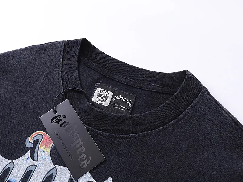 6015#washed black/washed blue ｜P116 Godspeed cross-border American rock and roll street washed retro style short-sleeved T (craft print) fabric (fabric): 32 count combed double yarn 250g weight size (size): S-M-L-XL color (colour): washed black/washed blue/ 👉 👉 👉