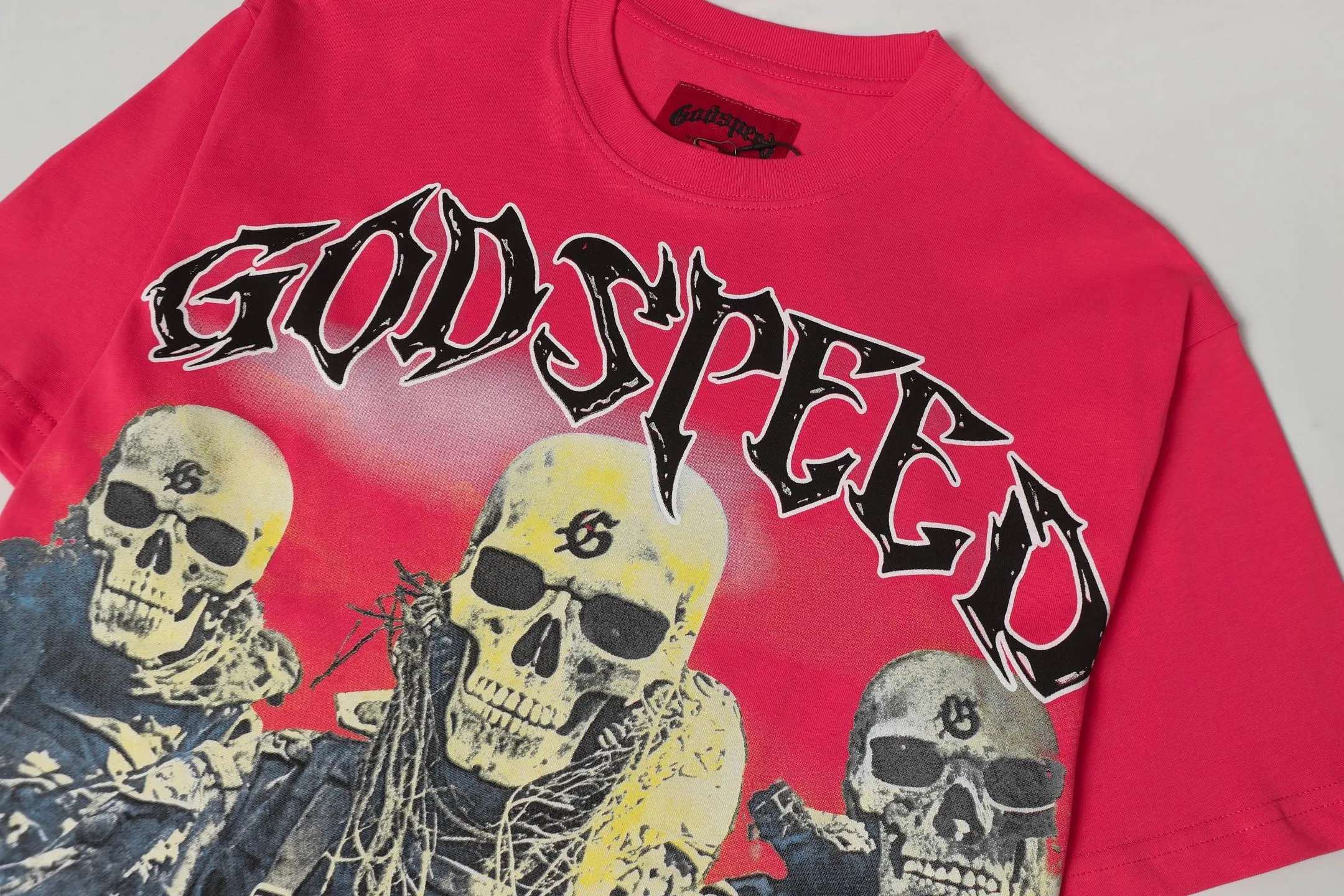 5067#Rose Red | P104 Godspeed cross-border American rock and roll street washed retro style short-sleeved T (craft printing) fabric (fabric) 32-count combed double yarn 240 grams weight code number (size): S-M-L-XL color (colour): rose red