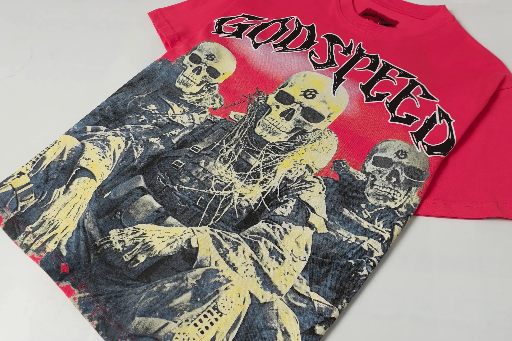 5067#Rose Red | P104 Godspeed cross-border American rock and roll street washed retro style short-sleeved T (craft printing) fabric (fabric) 32-count combed double yarn 240 grams weight code number (size): S-M-L-XL color (colour): rose red