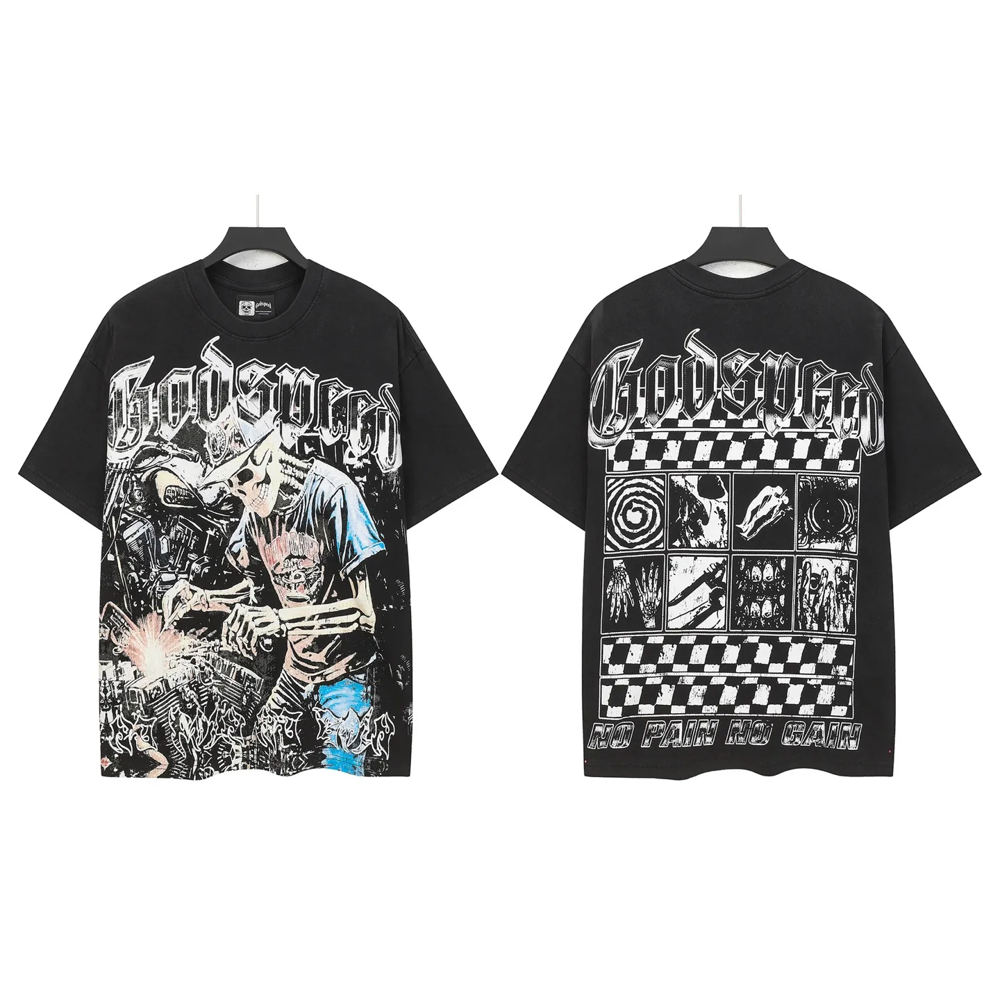 6118##washed black｜P116 Godspeed cross-border American rock and roll street washed retro style short-sleeved T (craft printing) fabric (fabric): 32 count combed double yarn 250g weight size (size): S-M-L-XL color (colour): washed black