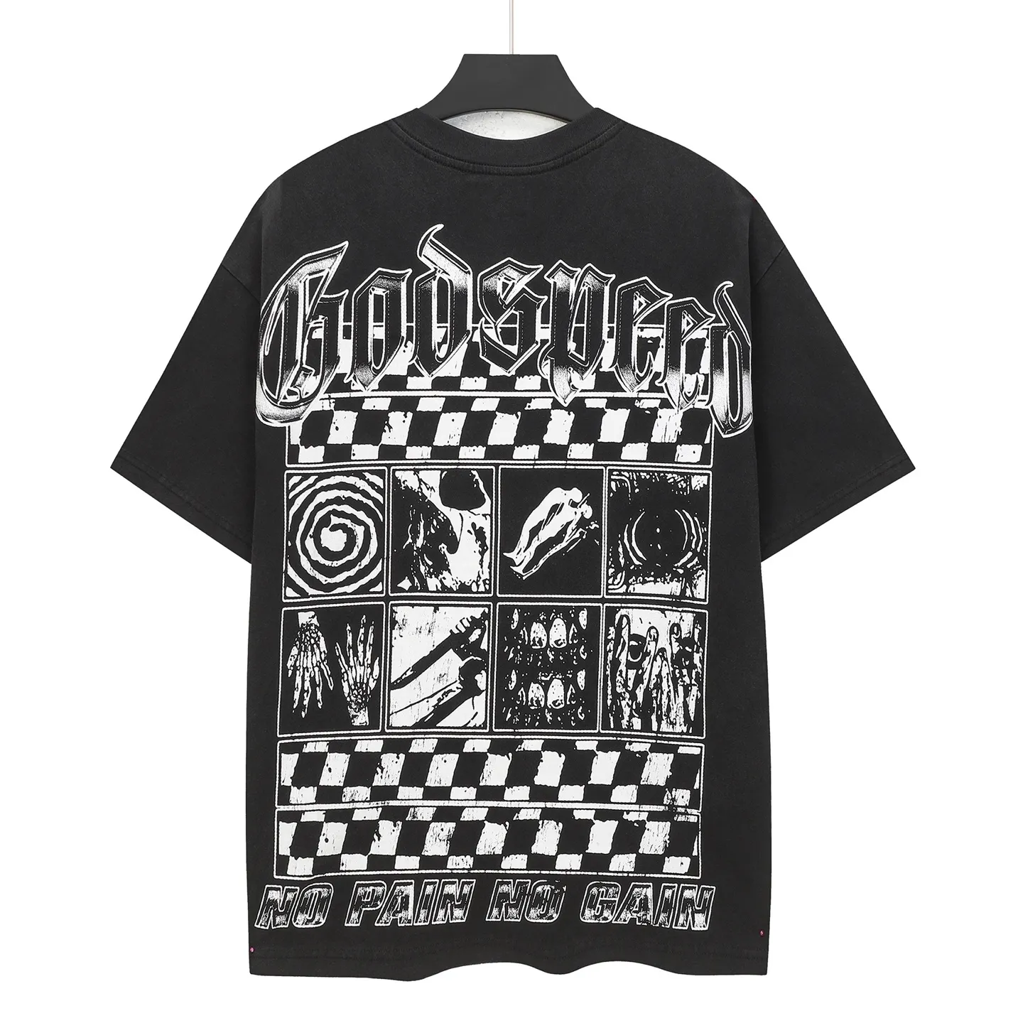 6118##washed black｜P116 Godspeed cross-border American rock and roll street washed retro style short-sleeved T (craft printing) fabric (fabric): 32 count combed double yarn 250g weight size (size): S-M-L-XL color (colour): washed black