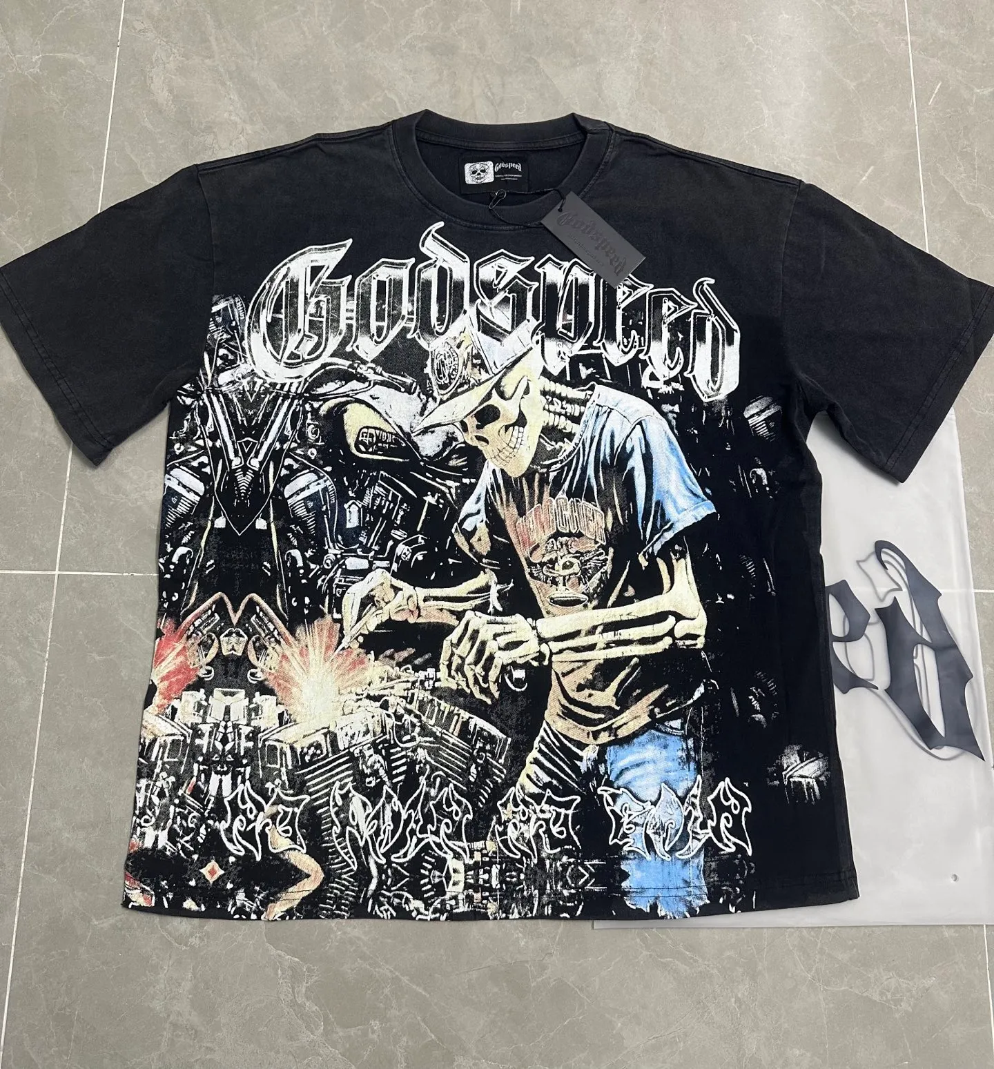 6118##washed black｜P116 Godspeed cross-border American rock and roll street washed retro style short-sleeved T (craft printing) fabric (fabric): 32 count combed double yarn 250g weight size (size): S-M-L-XL color (colour): washed black