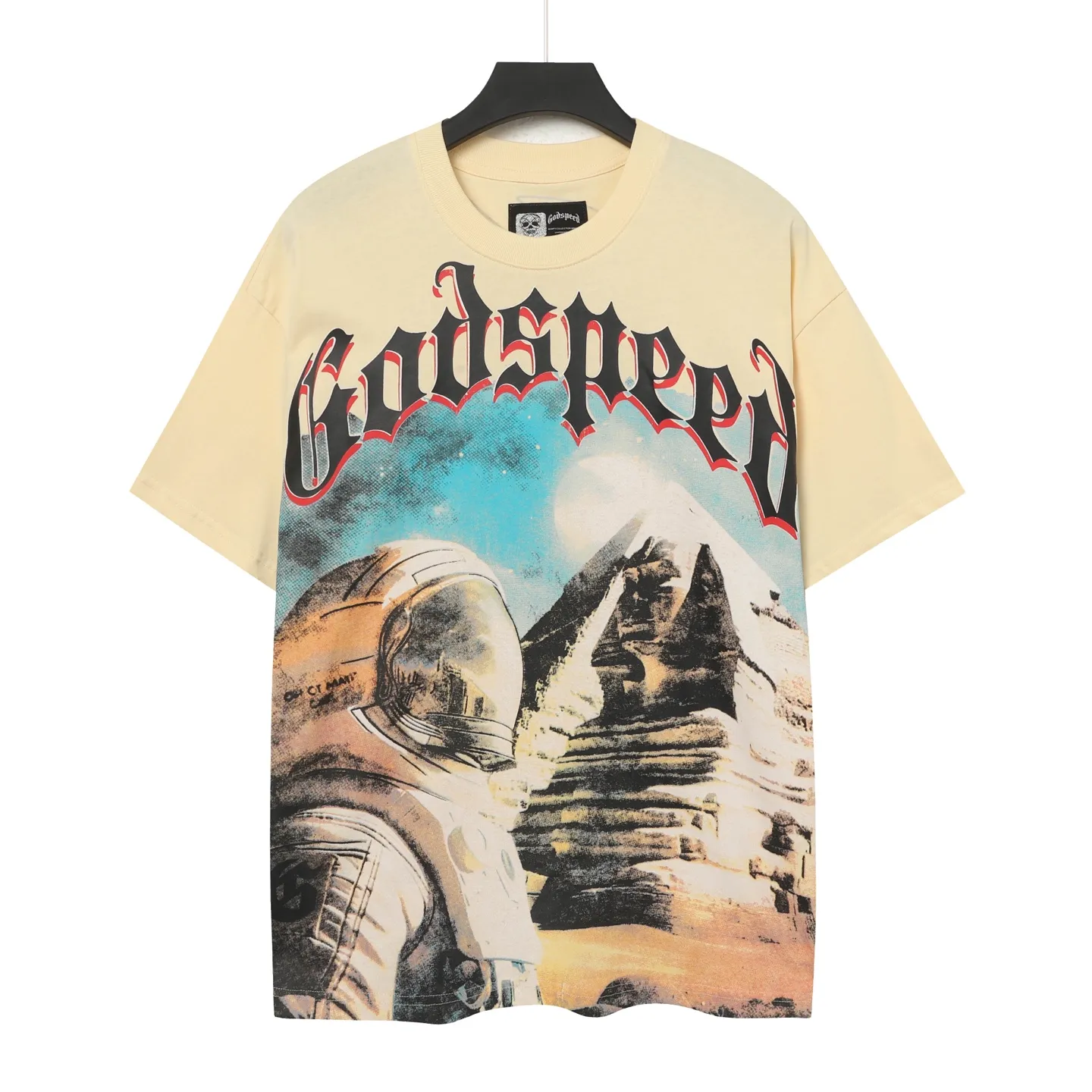 5041#Apricot｜P104 Godspeed cross-border American rock and roll street washed retro style short-sleeved T (craft printing) fabric (fabric) 32 counts combed double yarn 240 grams weight code number (size): S-M-L-XL color (colour): apricot 👉