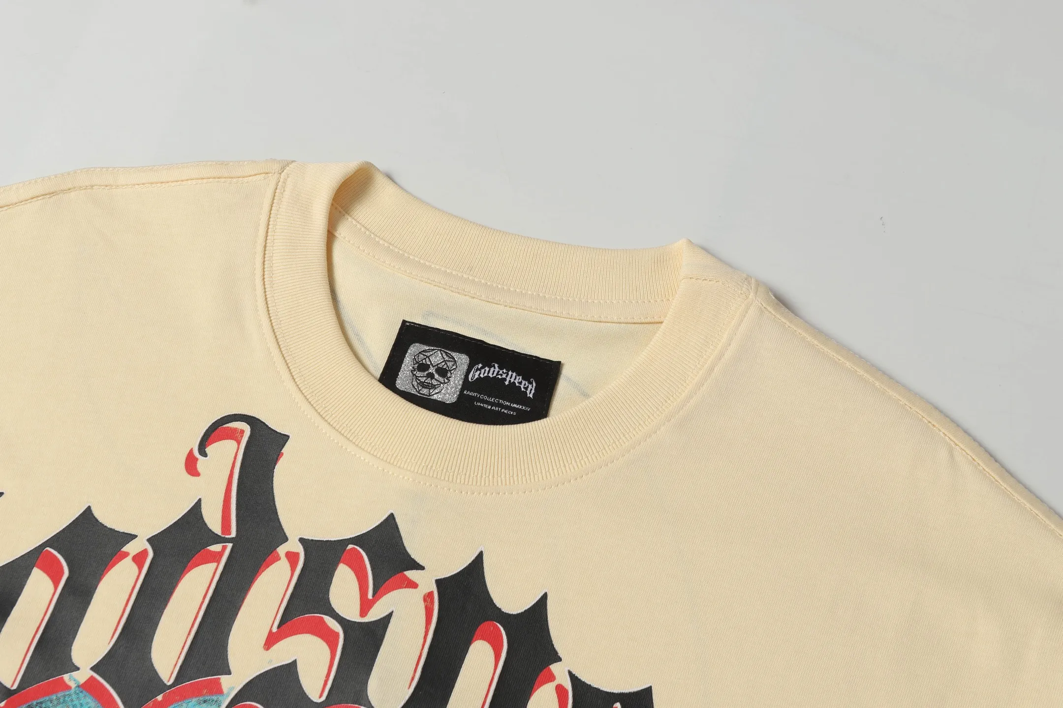 5041#Apricot｜P104 Godspeed cross-border American rock and roll street washed retro style short-sleeved T (craft printing) fabric (fabric) 32 counts combed double yarn 240 grams weight code number (size): S-M-L-XL color (colour): apricot 👉