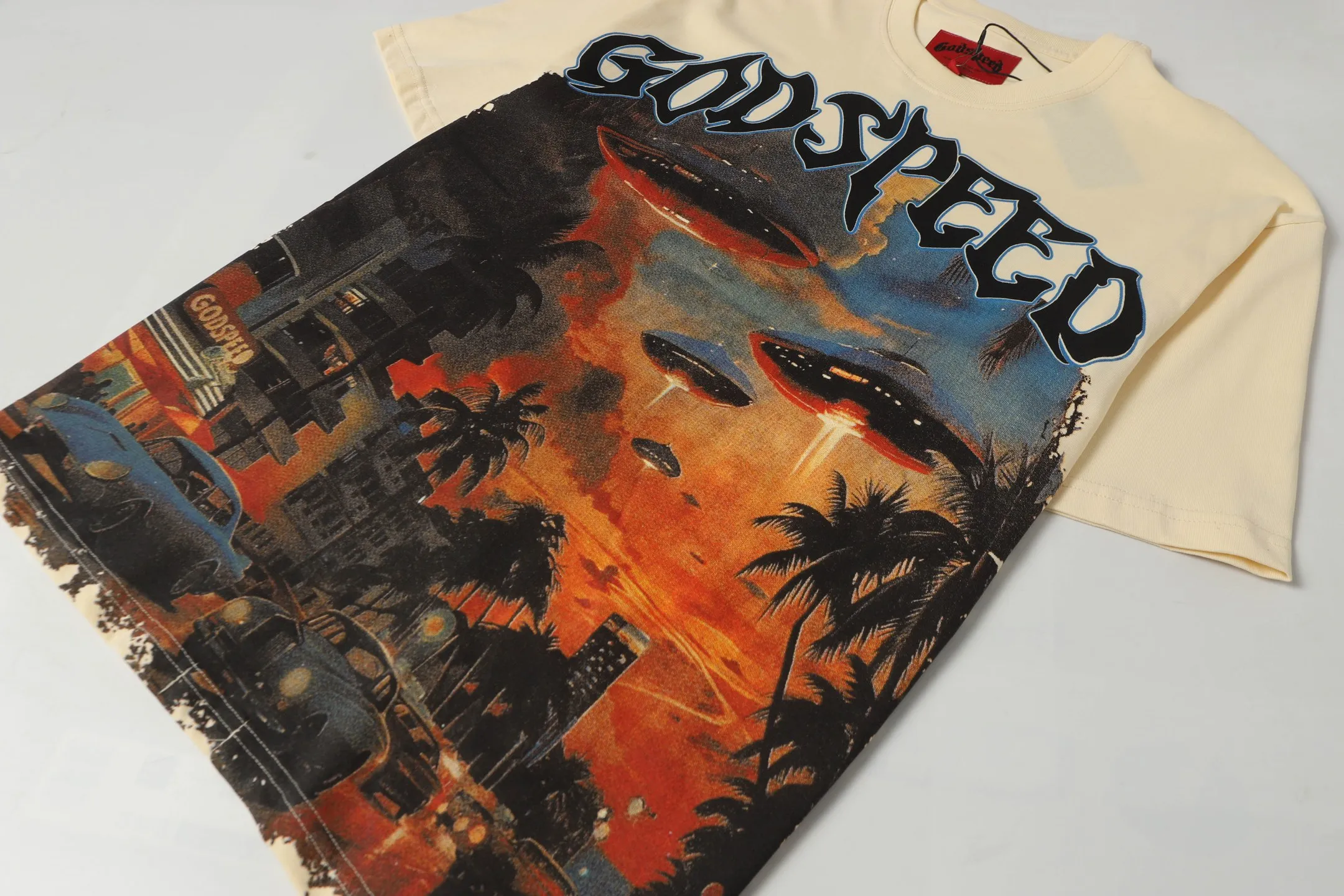 5071#apricot|P104 Godspeed cross-border American rock and roll street washed retro style short-sleeved T (craft printing) fabric (fabric) 32 count combed double yarn 240 grams weight code number (size): S-M-L-XL color (colour): apricot