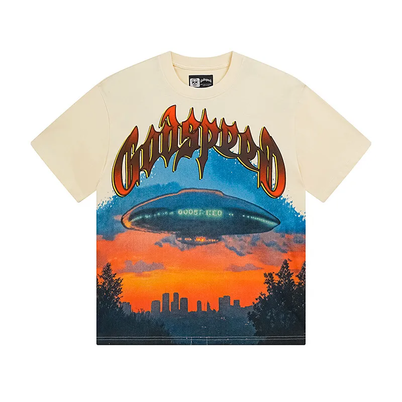 3125# P106 Real shot Godspeed American fashion rock street retro loose printed cotton short sleeves Fabric: 240g 32 count fine cotton double yarn pure cotton Color: apricot Size: S M L XL