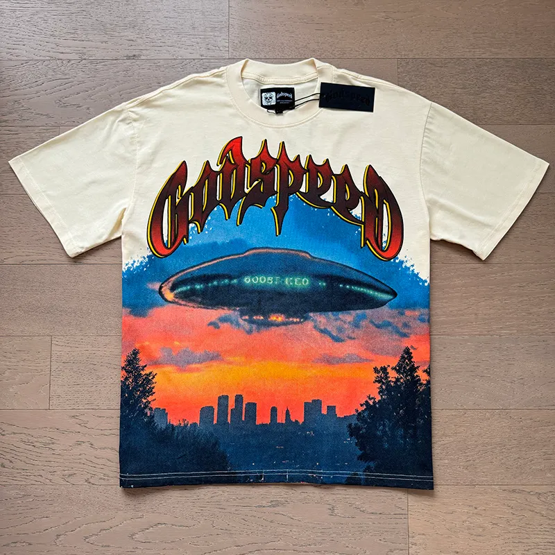 3125# P106 Real shot Godspeed American fashion rock street retro loose printed cotton short sleeves Fabric: 240g 32 count fine cotton double yarn pure cotton Color: apricot Size: S M L XL