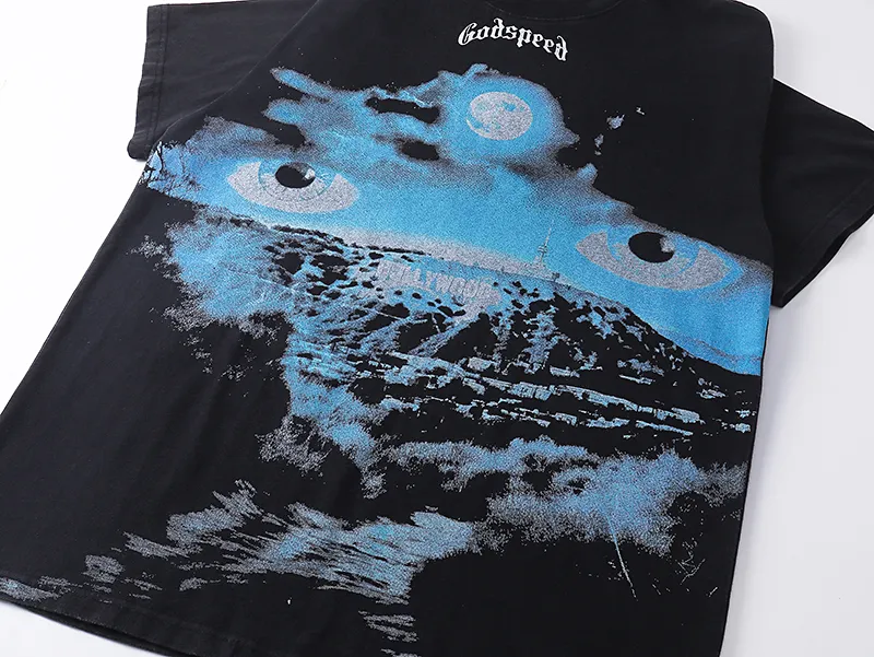 1029# P126 Washed Black Real Shot Godspeed American Fashion Rock Street Retro Washed Distressed Printed Pure Cotton Short Sleeves Fabric: 250g 32 Count Fine Cotton Double Yarn Pure Cotton Color: Washed Black Size: S M L XL