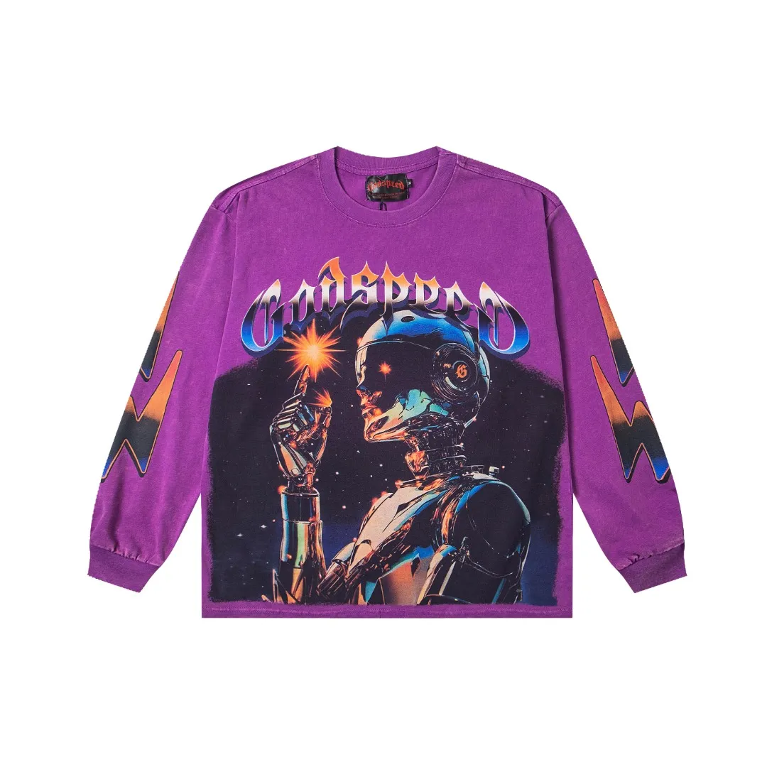 G55# GodSpeed ​​white ink direct spray washed long sleeve S-XL size purple (washed) P156 apricot P146