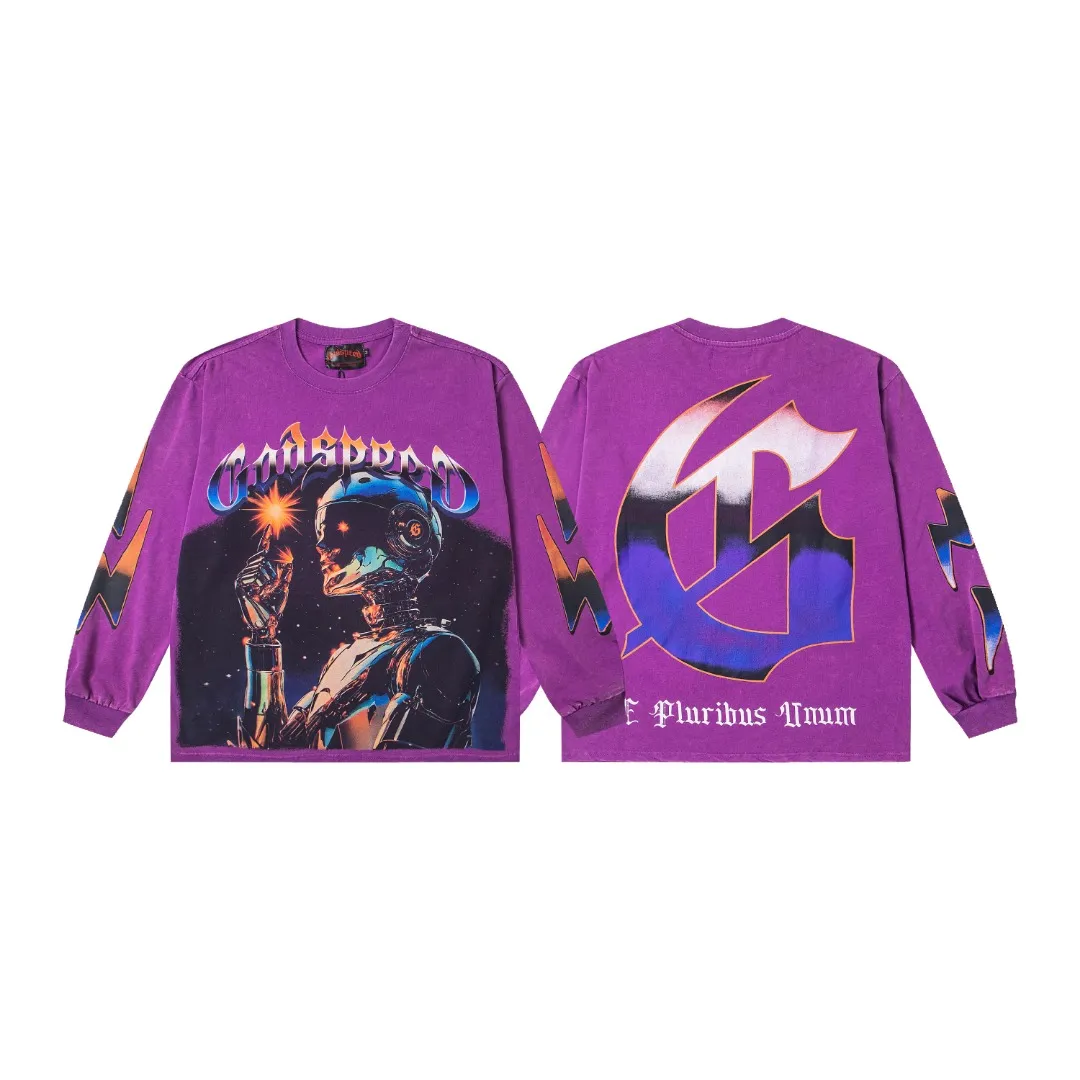 G55# GodSpeed ​​white ink direct spray washed long sleeve S-XL size purple (washed) P156 apricot P146