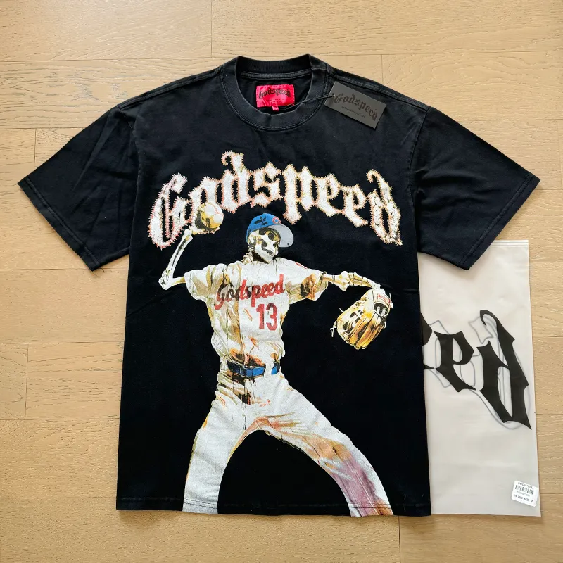 1003#P126 Washed Black Real Shot Godspeed American Fashion Rock Street Retro Washed Distressed Printed Cotton Short Sleeves Fabric: 250g 32 Count Fine Cotton Double Yarn Pure Cotton Color: Washed Black Size: S M L XL