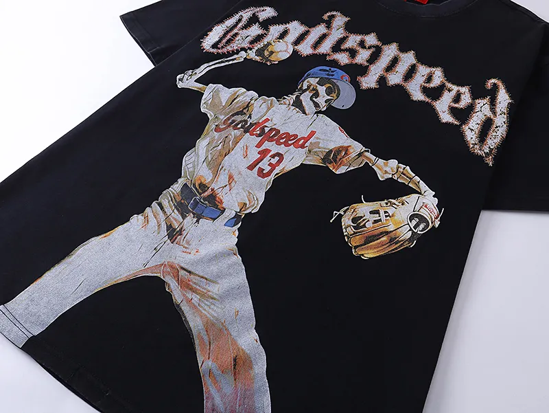 1003#P126 Washed Black Real Shot Godspeed American Fashion Rock Street Retro Washed Distressed Printed Cotton Short Sleeves Fabric: 250g 32 Count Fine Cotton Double Yarn Pure Cotton Color: Washed Black Size: S M L XL