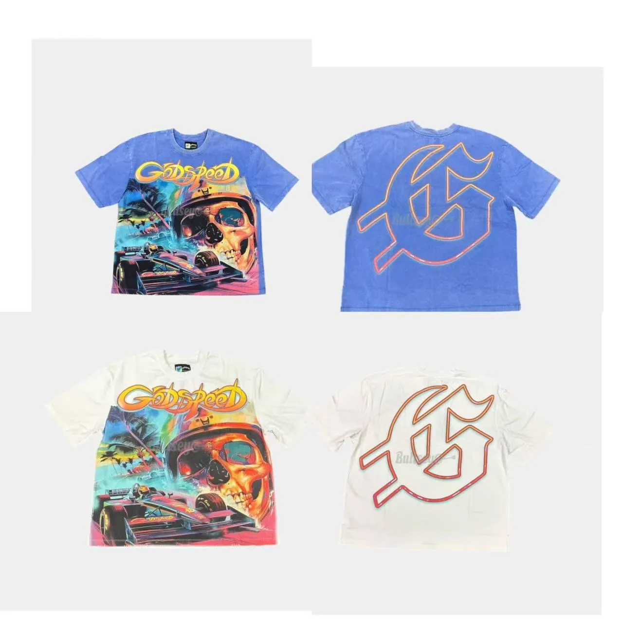 53💰5095# White/Klein Blue｜Godspeed cross-border American rock and roll street washed retro style short-sleeved T (craft print) fabric (fabric): 32-count combed double yarn 240 grams weight code (size): S-M-L-XL color (colour): white, Klein blue