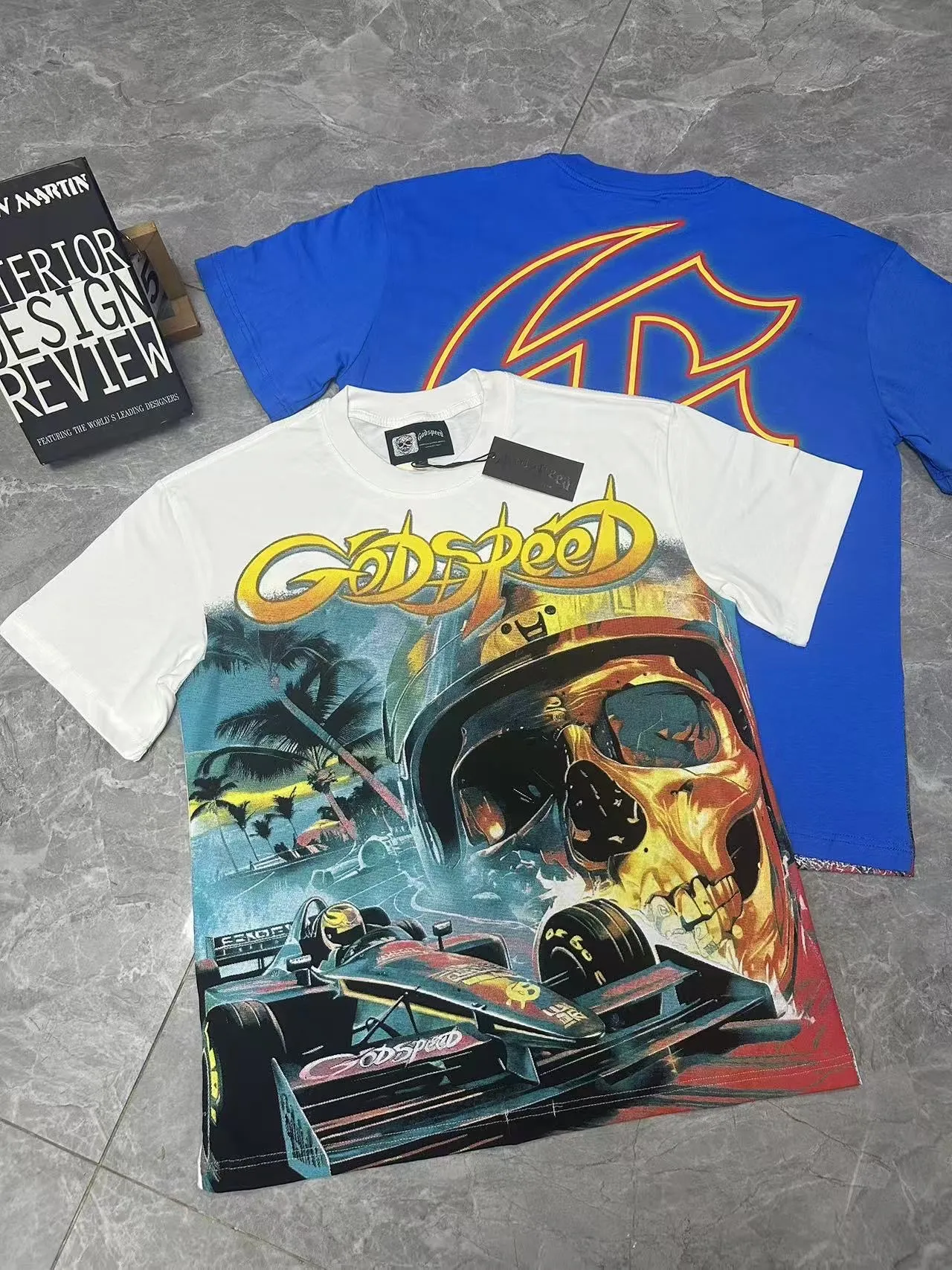 53💰5095# White/Klein Blue｜Godspeed cross-border American rock and roll street washed retro style short-sleeved T (craft print) fabric (fabric): 32-count combed double yarn 240 grams weight code (size): S-M-L-XL color (colour): white, Klein blue