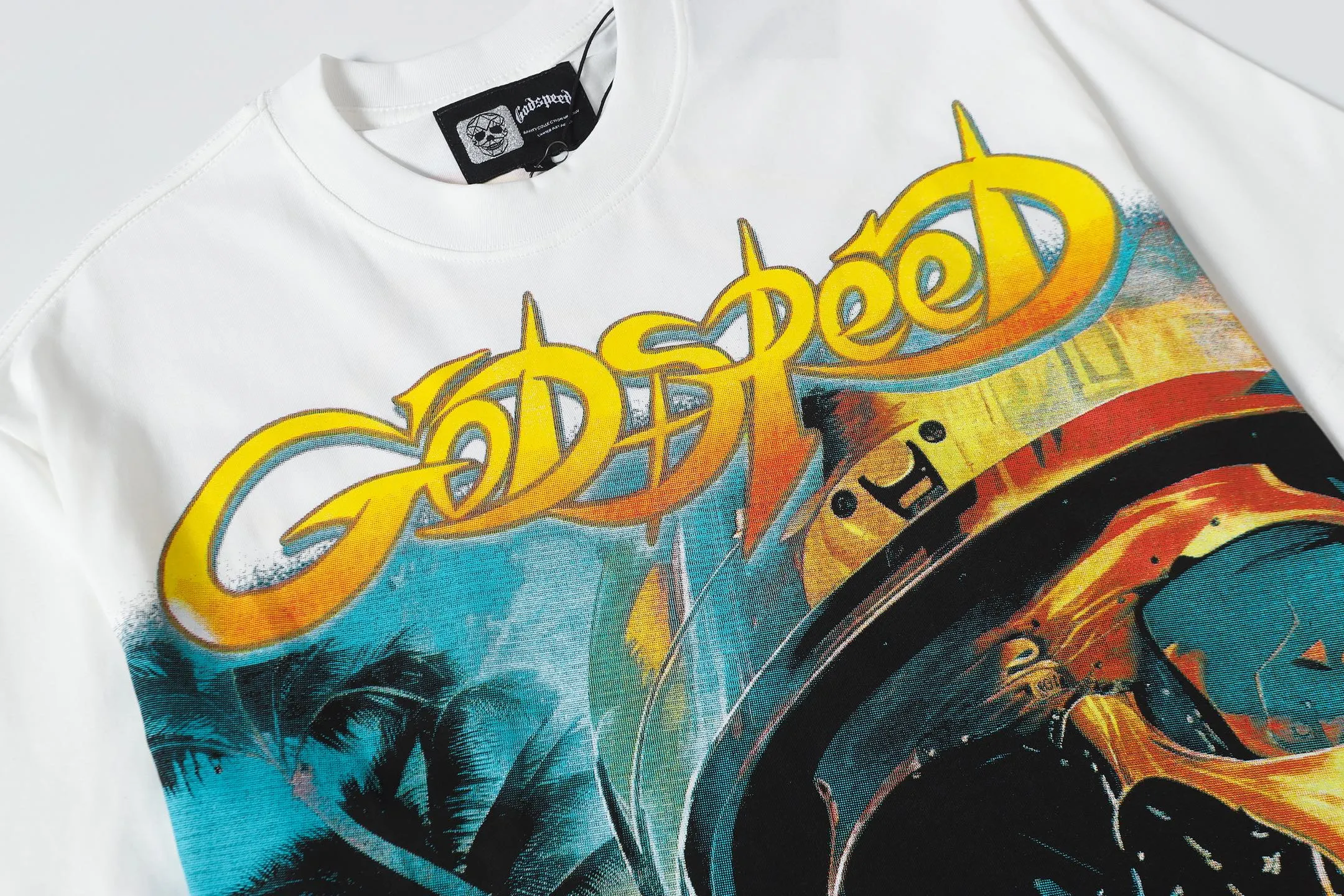 53💰5095# White/Klein Blue｜Godspeed cross-border American rock and roll street washed retro style short-sleeved T (craft print) fabric (fabric): 32-count combed double yarn 240 grams weight code (size): S-M-L-XL color (colour): white, Klein blue