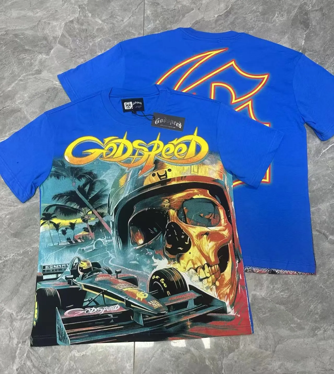 53💰5095# White/Klein Blue｜Godspeed cross-border American rock and roll street washed retro style short-sleeved T (craft print) fabric (fabric): 32-count combed double yarn 240 grams weight code (size): S-M-L-XL color (colour): white, Klein blue