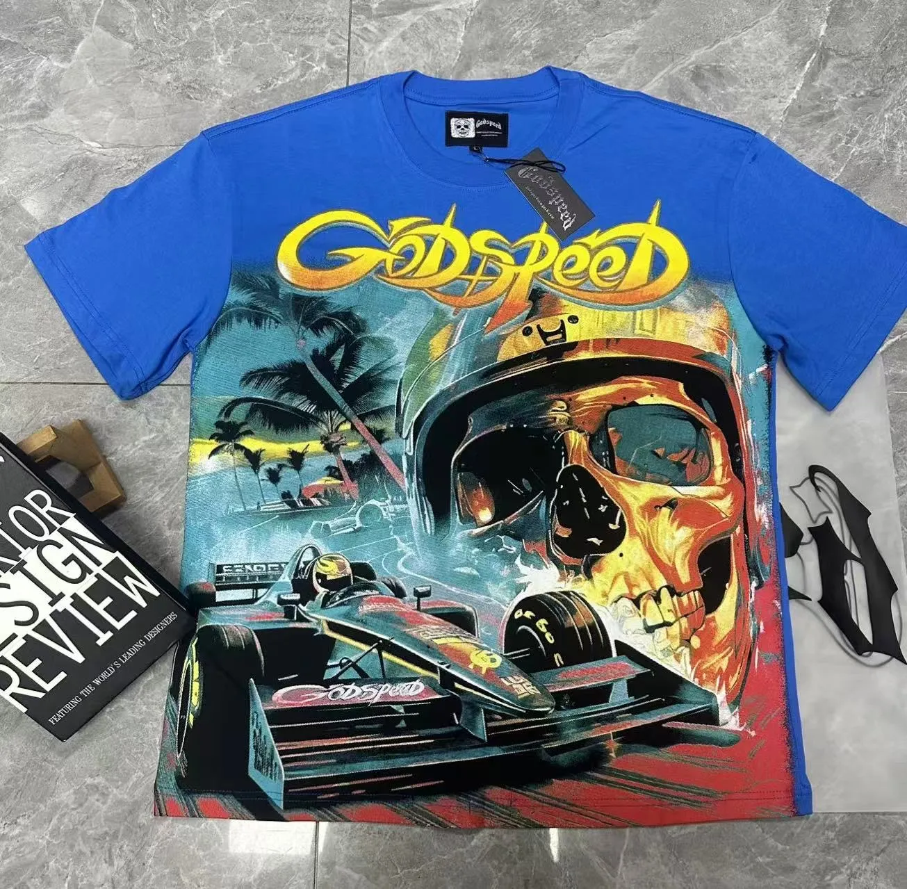 53💰5095# White/Klein Blue｜Godspeed cross-border American rock and roll street washed retro style short-sleeved T (craft print) fabric (fabric): 32-count combed double yarn 240 grams weight code (size): S-M-L-XL color (colour): white, Klein blue