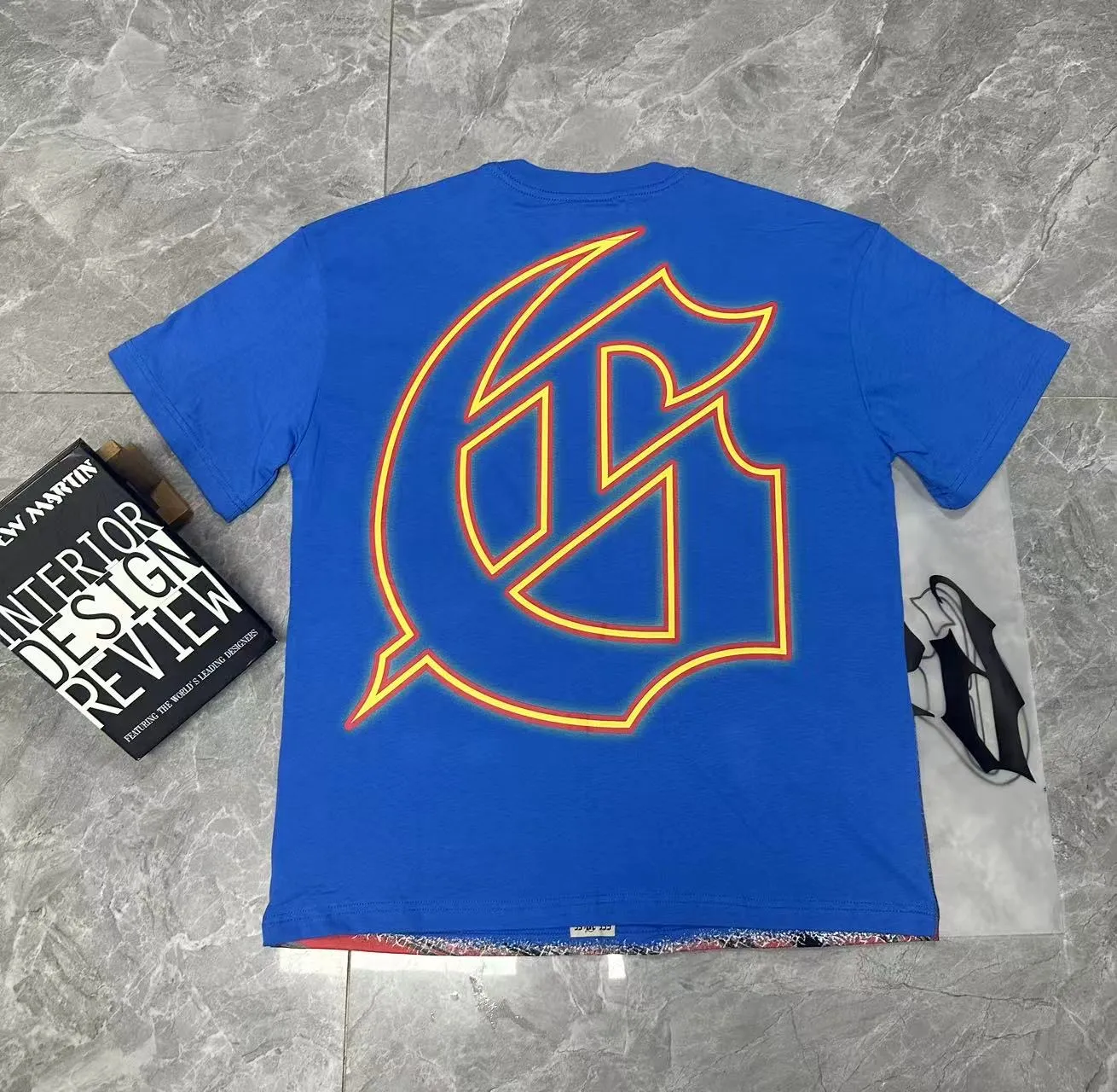 53💰5095# White/Klein Blue｜Godspeed cross-border American rock and roll street washed retro style short-sleeved T (craft print) fabric (fabric): 32-count combed double yarn 240 grams weight code (size): S-M-L-XL color (colour): white, Klein blue