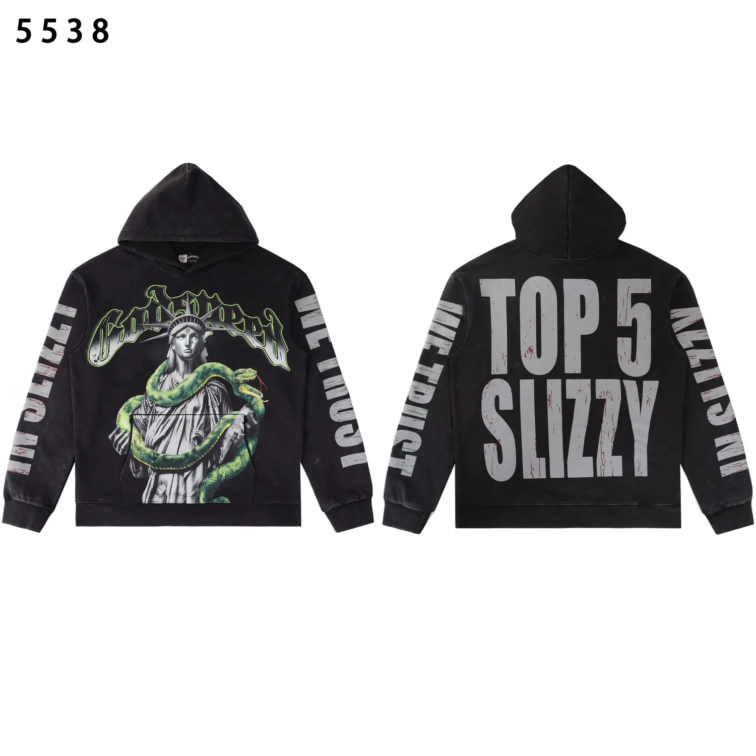 Style number: 5538 Fabric: 420g washed and distressed P196 Real shot Spot Godspeed American fashion rock street retro washed and distressed Statue of Liberty and snake element collision printed hooded sweatshirt Color: washed black washed apricot Size: S M L XL