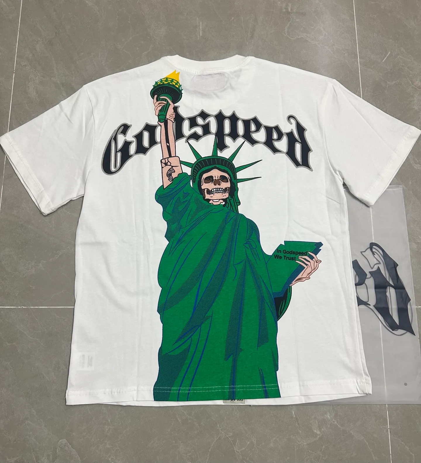 5121# White | P104 Godspeed cross-border American rock and roll street washed retro style short-sleeved T (craft printing) fabric (fabric): 32-count combed double yarn 240 grams weight code number (size): S-M-L-XL color (colour): white