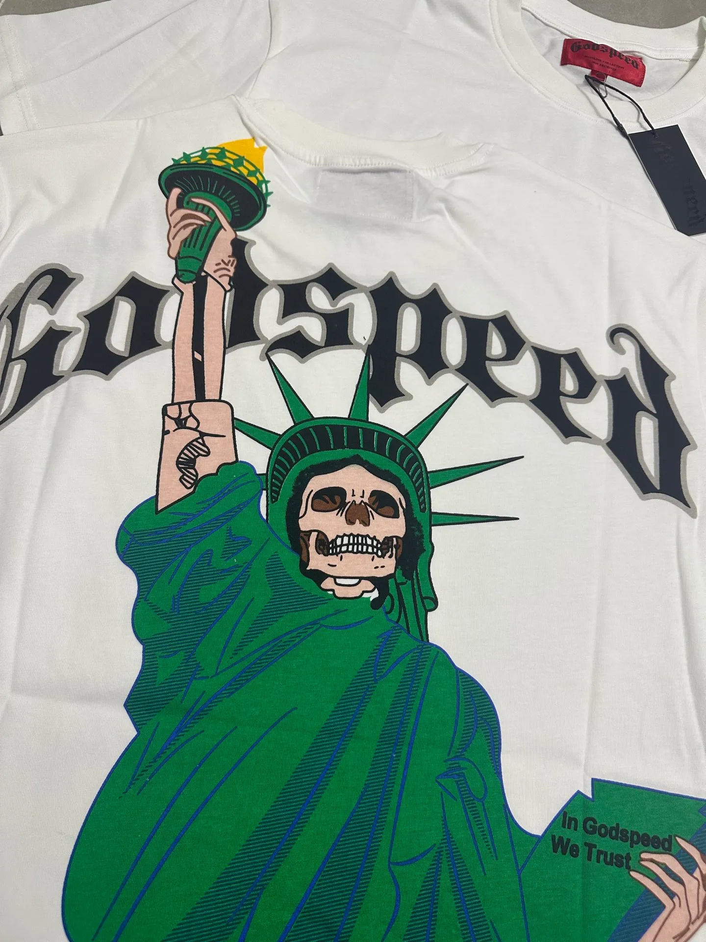5121# White | P104 Godspeed cross-border American rock and roll street washed retro style short-sleeved T (craft printing) fabric (fabric): 32-count combed double yarn 240 grams weight code number (size): S-M-L-XL color (colour): white