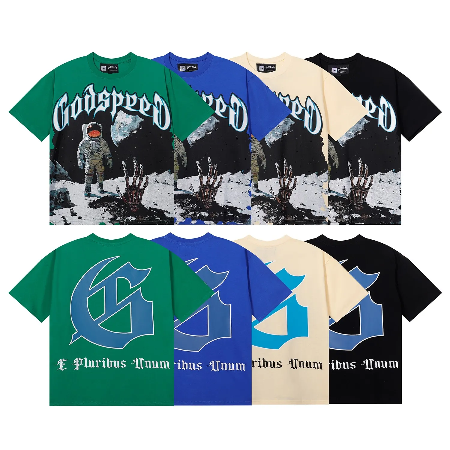 Batch 106, No. 7082, Mechao Godspeed spoof astronaut moon landing print high quality double yarn pure cotton casual short-sleeved T-shirt Color: black, green, blue, apricot; Size: S M L XL