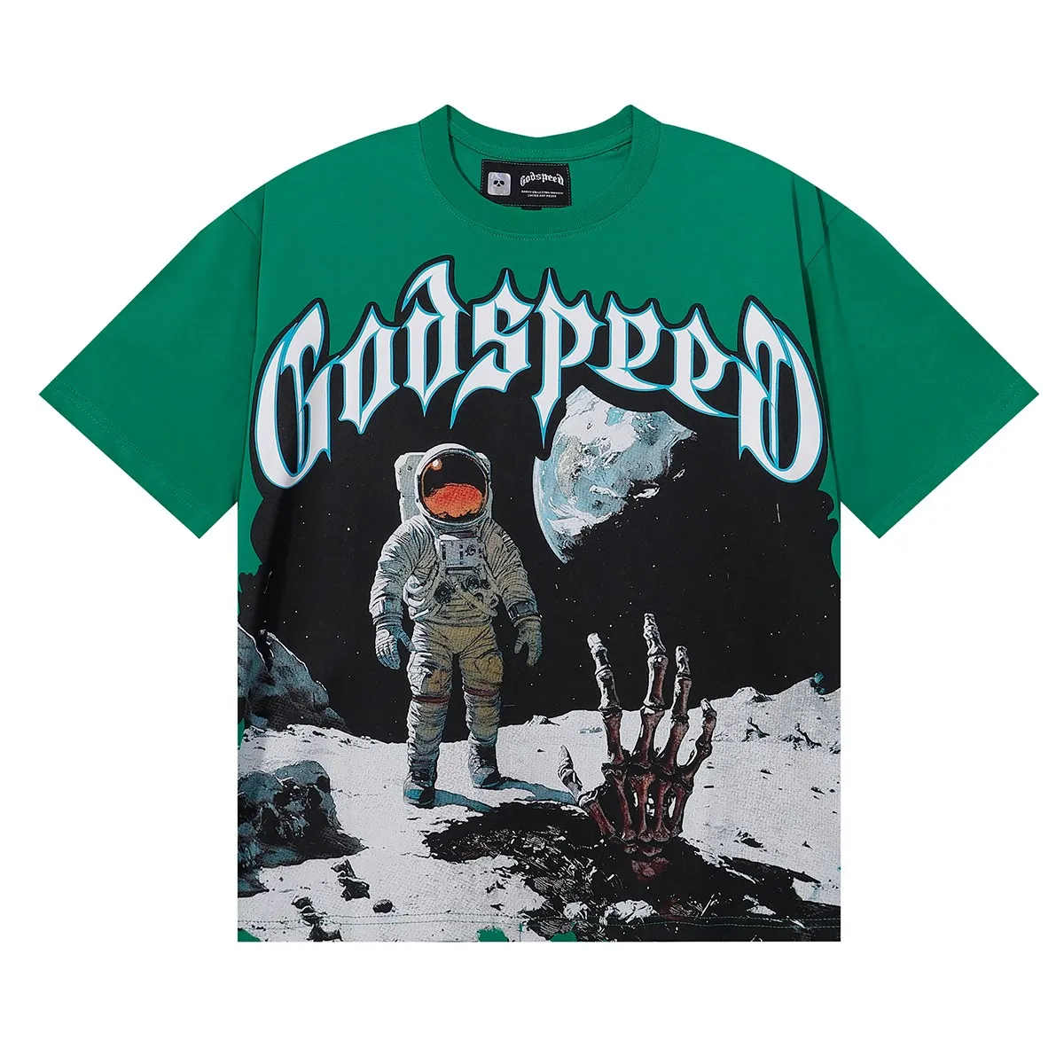 Batch 106, No. 7082, Mechao Godspeed spoof astronaut moon landing print high quality double yarn pure cotton casual short-sleeved T-shirt Color: black, green, blue, apricot; Size: S M L XL