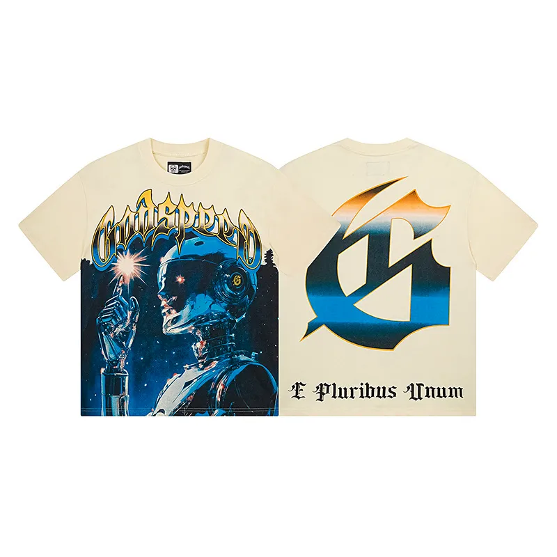 3126# P106 Real shot Godspeed American fashion rock street retro loose printed cotton short sleeves Fabric: 240g 32 count fine cotton double yarn pure cotton Color: apricot Size: S M L XL