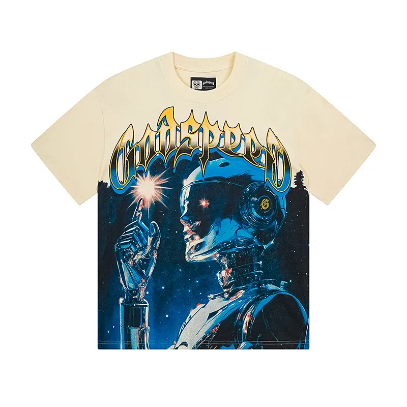 3126# P106 Real shot Godspeed American fashion rock street retro loose printed cotton short sleeves Fabric: 240g 32 count fine cotton double yarn pure cotton Color: apricot Size: S M L XL