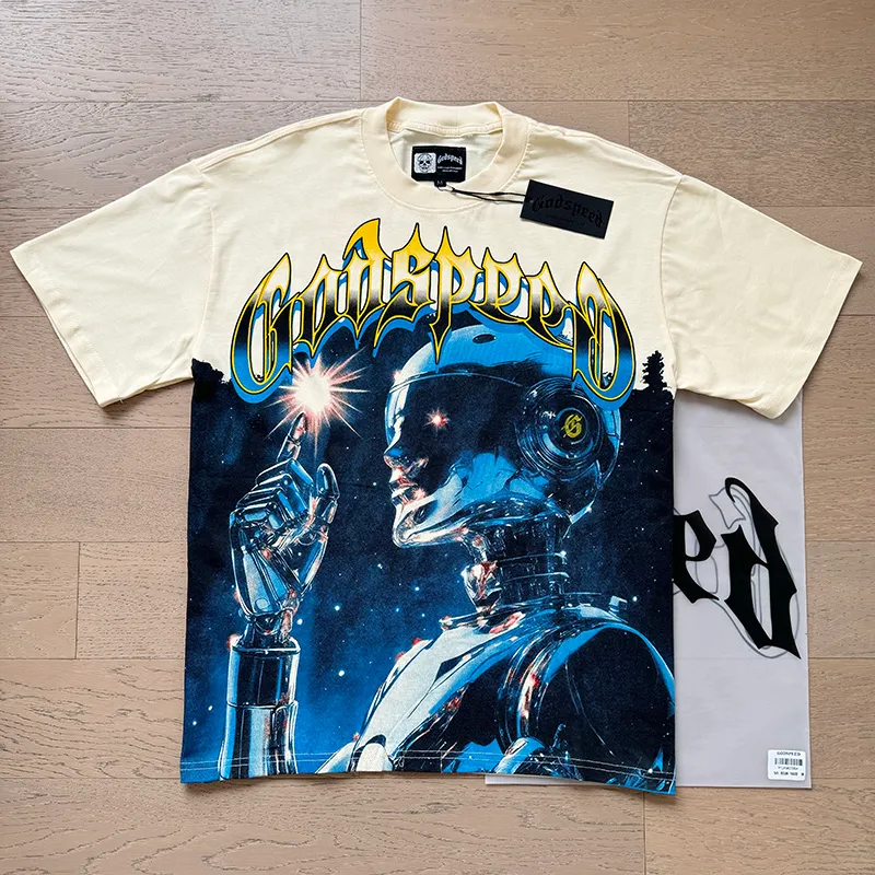 3126# P106 Real shot Godspeed American fashion rock street retro loose printed cotton short sleeves Fabric: 240g 32 count fine cotton double yarn pure cotton Color: apricot Size: S M L XL