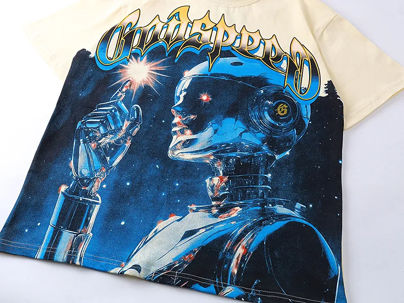 3126# P106 Real shot Godspeed American fashion rock street retro loose printed cotton short sleeves Fabric: 240g 32 count fine cotton double yarn pure cotton Color: apricot Size: S M L XL