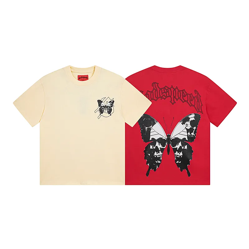 3026# P110 Real shot Godspeed American fashion rock street retro loose printed cotton short sleeves Fabric: 240g 32 count fine cotton double yarn pure cotton Color: apricot red Size: S M L XL