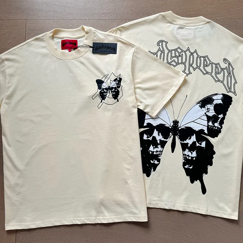 3026# P110 Real shot Godspeed American fashion rock street retro loose printed cotton short sleeves Fabric: 240g 32 count fine cotton double yarn pure cotton Color: apricot red Size: S M L XL
