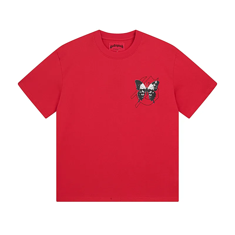 3026# P110 Real shot Godspeed American fashion rock street retro loose printed cotton short sleeves Fabric: 240g 32 count fine cotton double yarn pure cotton Color: apricot red Size: S M L XL