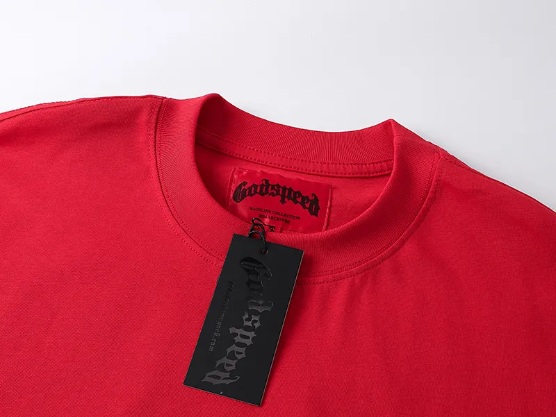 3026# P110 Real shot Godspeed American fashion rock street retro loose printed cotton short sleeves Fabric: 240g 32 count fine cotton double yarn pure cotton Color: apricot red Size: S M L XL