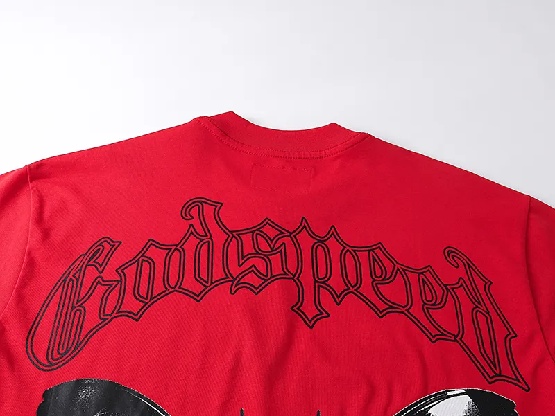 3026# P110 Real shot Godspeed American fashion rock street retro loose printed cotton short sleeves Fabric: 240g 32 count fine cotton double yarn pure cotton Color: apricot red Size: S M L XL