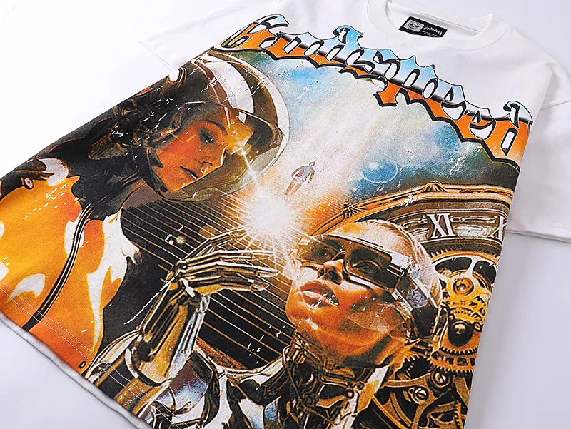 3000# P110 Real shot Godspeed American fashion rock street retro loose printed cotton short sleeves Fabric: 240g 32 count fine cotton double yarn pure cotton Color: off-white apricot Size: S M L XL