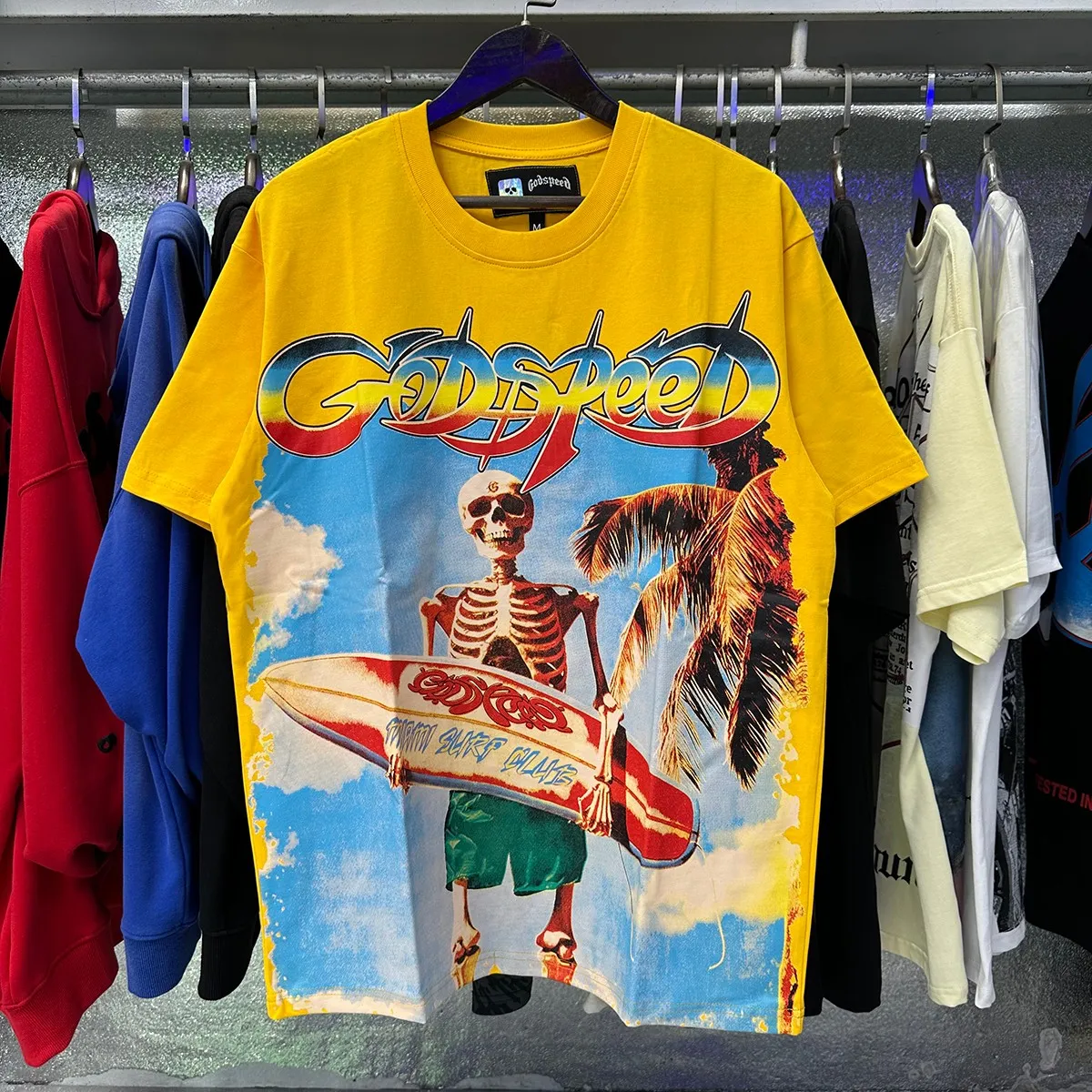Actual photo, No. 7073, Mechao Godspeed beach skull surfboard print high quality double yarn pure cotton casual short-sleeved T-shirt batch 110 Color: black, white, yellow; Size: S M L XL