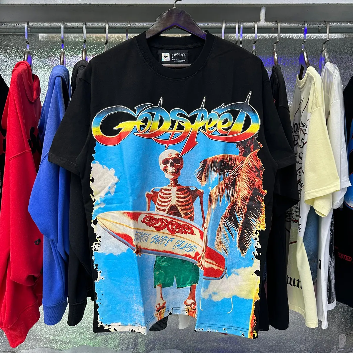 Actual photo, No. 7073, Mechao Godspeed beach skull surfboard print high quality double yarn pure cotton casual short-sleeved T-shirt batch 110 Color: black, white, yellow; Size: S M L XL