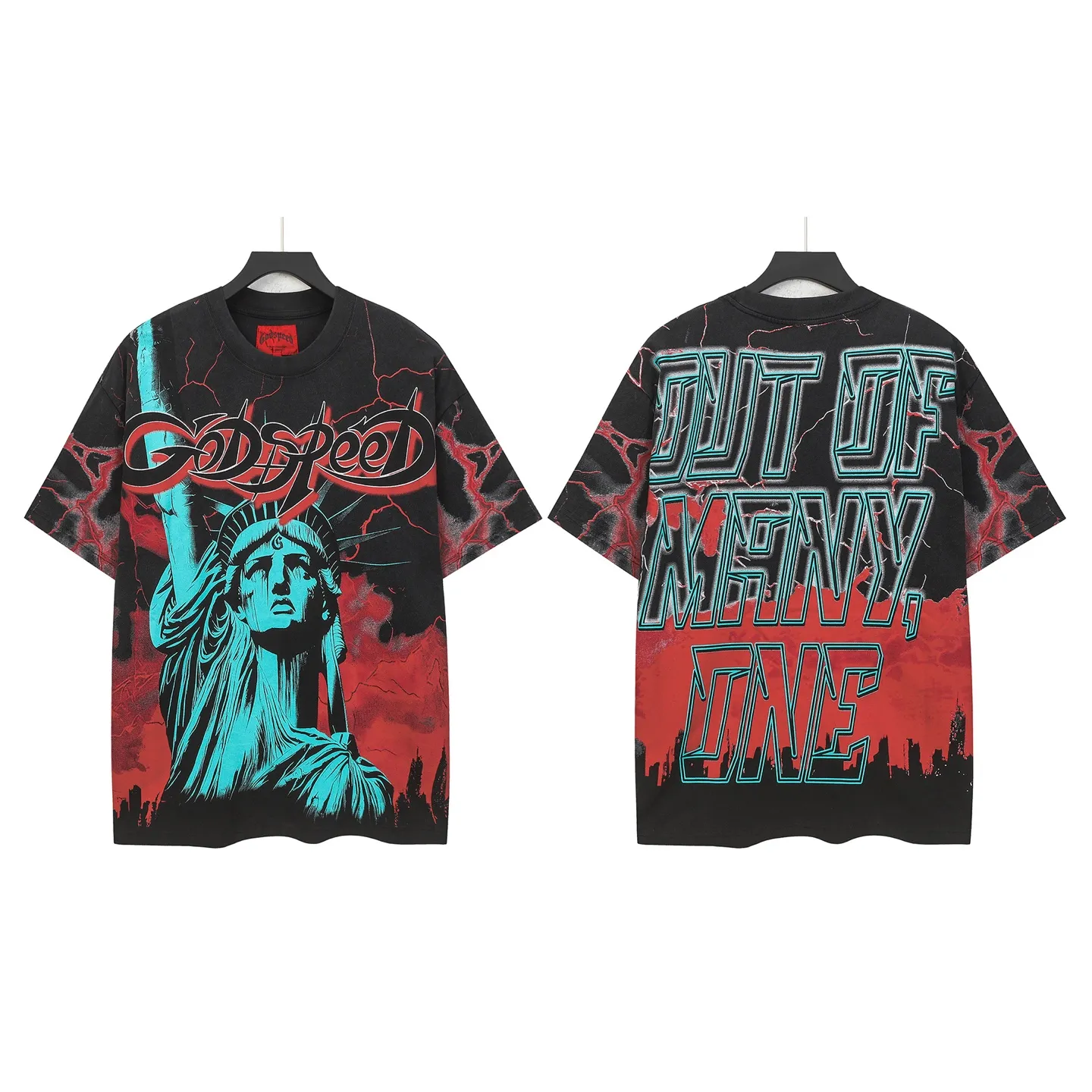 6301# Washed black-red I P116 Real stock (American fashion niche) Godspeed cross-border American rock street washed retro style short-sleeved T (craft printing) Fabric (fabric): 32 counts combed double yarn 250 grams weight Size (size): S-M-L-XL Color (colour): Washed black-red