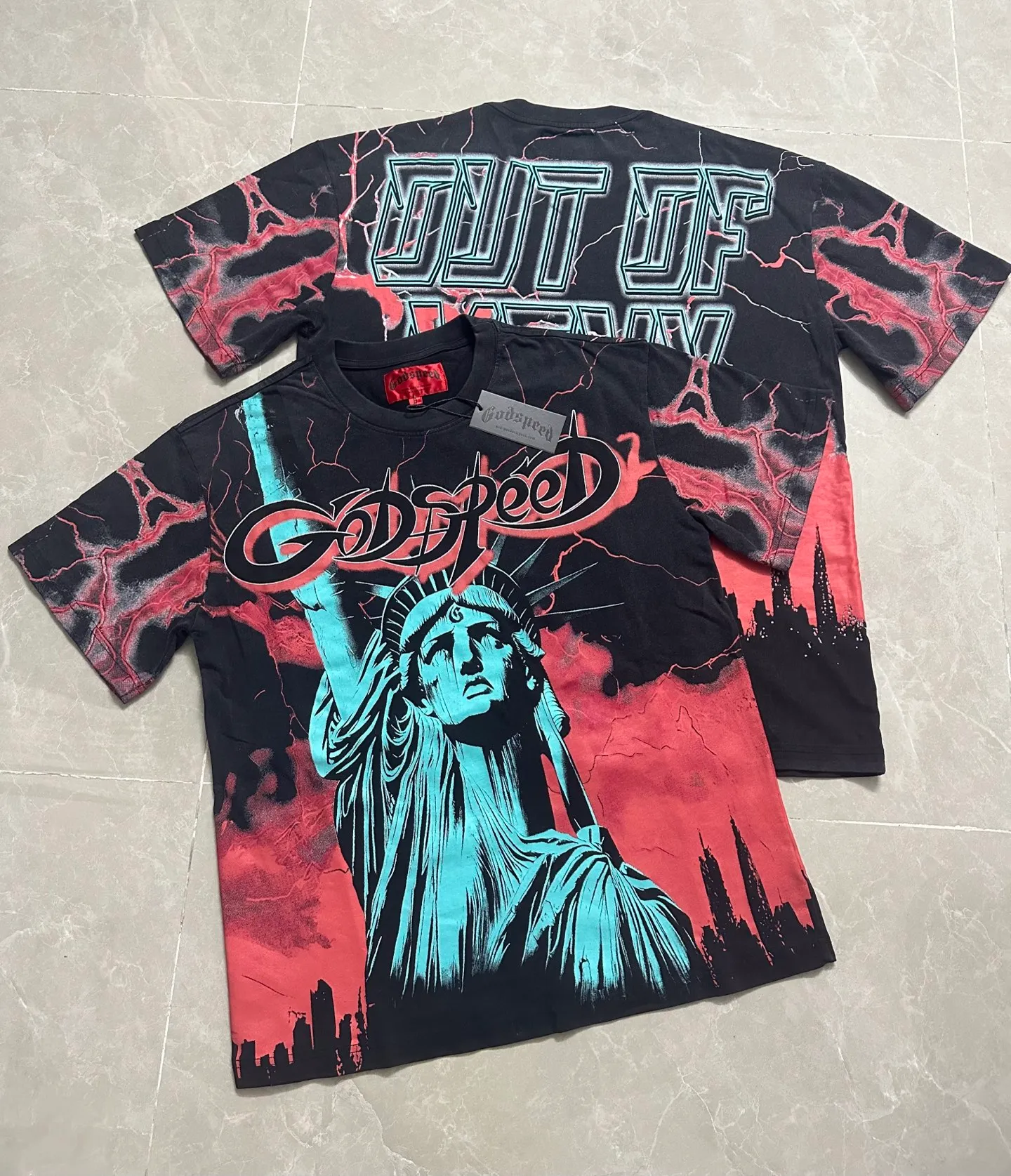 6301# Washed black-red I P116 Real stock (American fashion niche) Godspeed cross-border American rock street washed retro style short-sleeved T (craft printing) Fabric (fabric): 32 counts combed double yarn 250 grams weight Size (size): S-M-L-XL Color (colour): Washed black-red