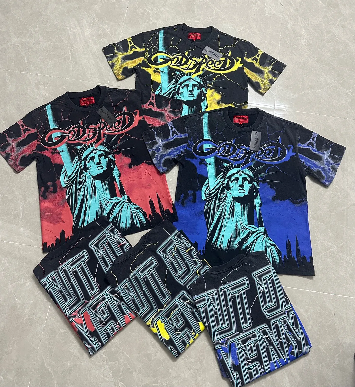6301# Washed black-red I P116 Real stock (American fashion niche) Godspeed cross-border American rock street washed retro style short-sleeved T (craft printing) Fabric (fabric): 32 counts combed double yarn 250 grams weight Size (size): S-M-L-XL Color (colour): Washed black-red