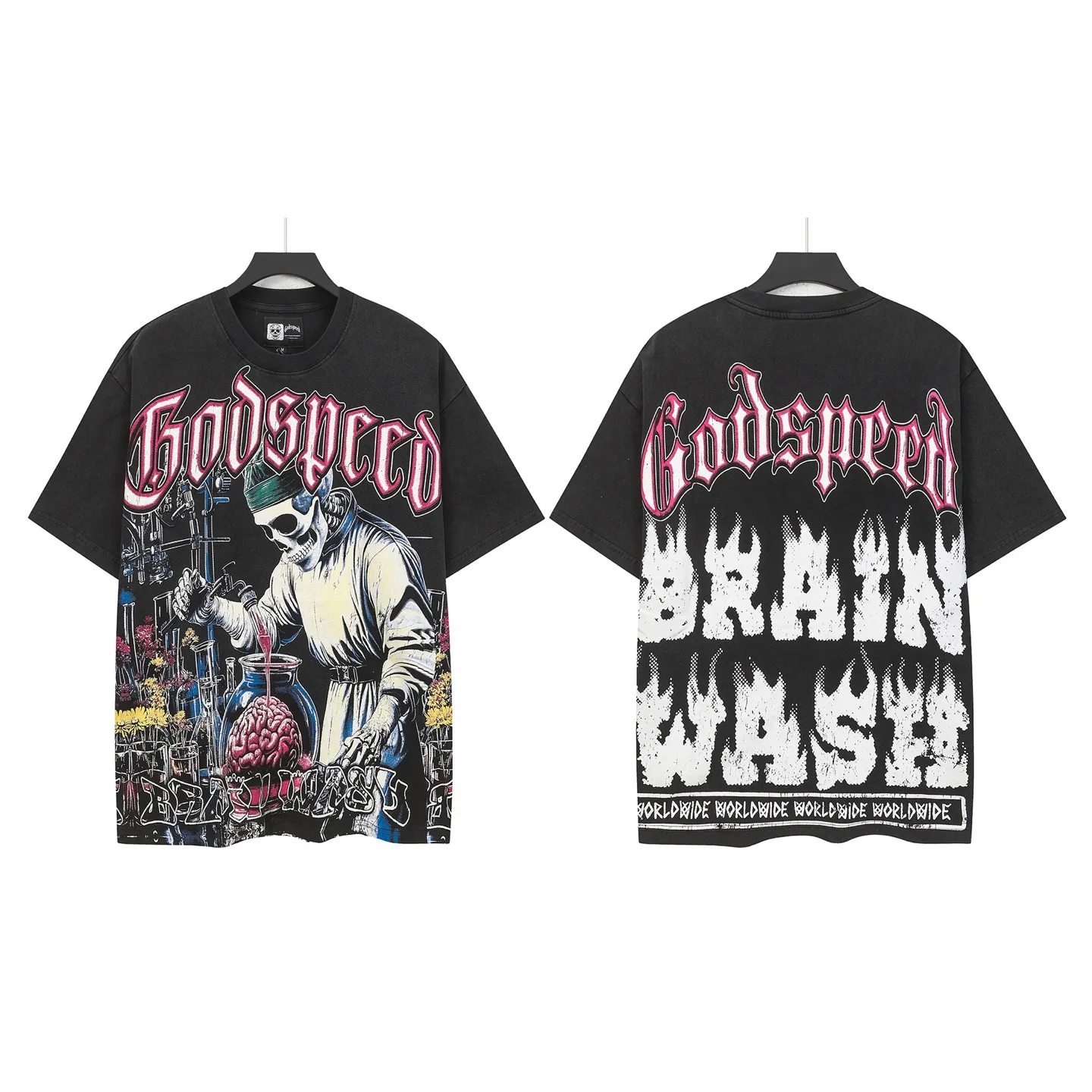 6115# washed retro black I P116 Godspeed cross-border American rock and roll street washed retro style short-sleeved T (craft printing) fabric (fabric): 32 count combed double yarn 250 grams weight code number (size): S-M-L-XL color (colour): washed black