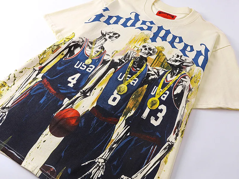 3023# P110 Real shot Godspeed American fashion rock street retro loose printed cotton short sleeves Fabric: 240g 32 count fine cotton double yarn pure cotton Color: apricot Size: S M L XL