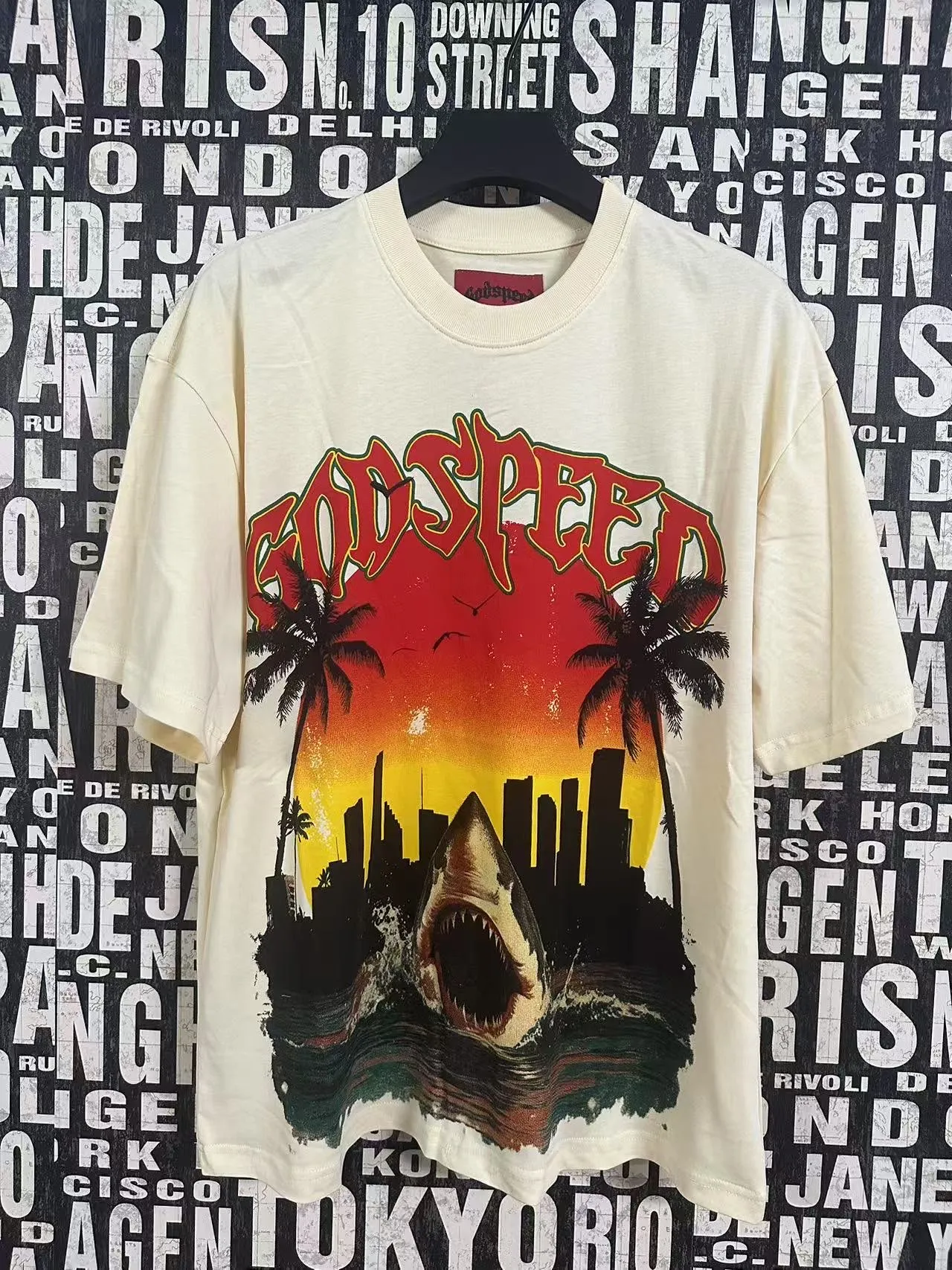 5045#apricot|P104 Godspeed cross-border American rock and roll street washed retro style short-sleeved T (craft printing) fabric (fabric) 32 counts combed double yarn 240 grams weight code number (size): S-M-L-XL color (colour): apricot