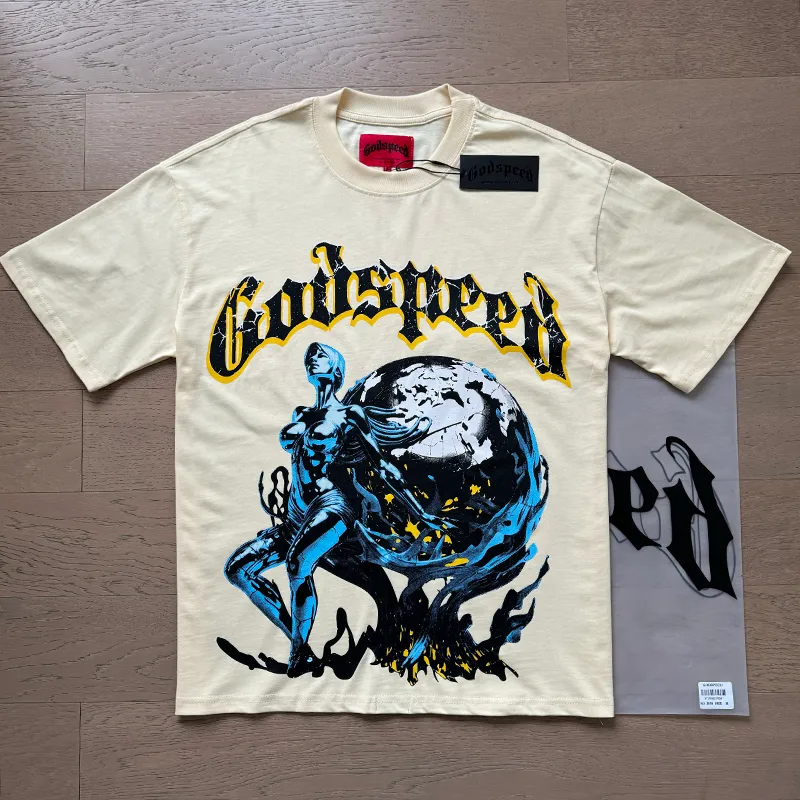 3055# P110 Real shot Godspeed American fashion rock street retro loose printed cotton short sleeves Fabric: 240g 32 count fine cotton double yarn pure cotton Color: apricot Size: S M L XL