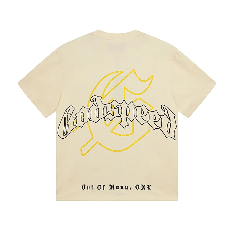 3055# P110 Real shot Godspeed American fashion rock street retro loose printed cotton short sleeves Fabric: 240g 32 count fine cotton double yarn pure cotton Color: apricot Size: S M L XL