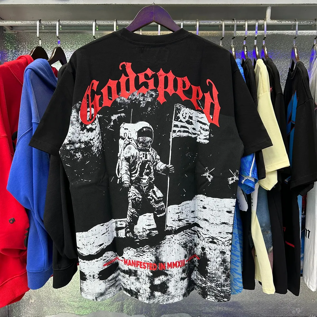 Actual photo, No. 7068, Mechao Godspeed astronaut moon landing print high weight double yarn pure cotton casual short-sleeved T-shirt batch 110 Color: black, white; Size: S M L XL