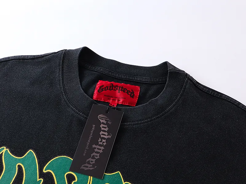 1067# P126 Washed Black Real Shot Godspeed American Fashion Rock Street Retro Washed Distressed Printed Pure Cotton Short Sleeves Fabric: 250g 32 Count Fine Cotton Double Yarn Pure Cotton Color: Washed Black Size: S M L XL